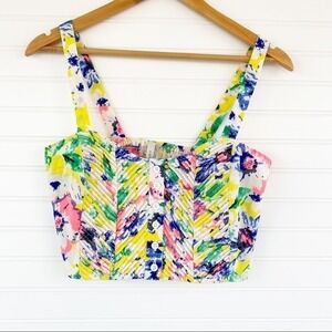 Paper Crane Floral Crop Top Small Pintuck Smocked Back Multicolored Button Front